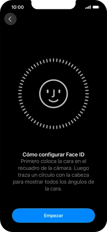 Pulsa Empezar y sigue las indicaciones de la pantalla para crear un código de seguridad con la función de reconocimiento facial (Face ID). Pulsa Empezar y sigue las indicaciones de la pantalla para crear un código de seguridad con la función de reconocimiento facial (Face ID).