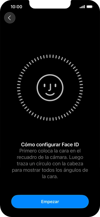 Pulsa Empezar y sigue las indicaciones de la pantalla para crear un código de seguridad con la función de reconocimiento facial (Face ID). Pulsa Empezar y sigue las indicaciones de la pantalla para crear un código de seguridad con la función de reconocimiento facial (Face ID).