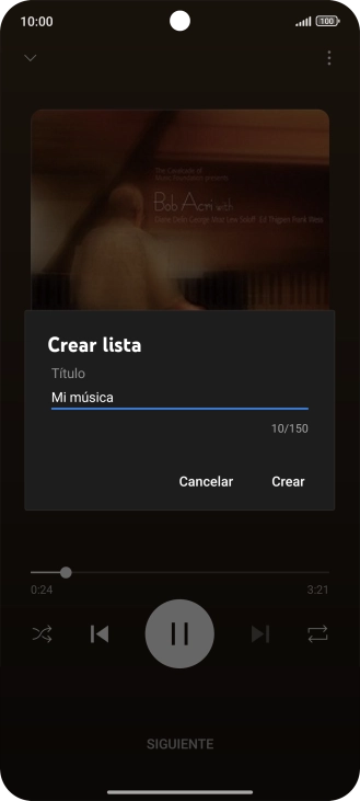 Introduce el nombre deseado de la lista de reproducción y pulsa Crear. Introduce el nombre deseado de la lista de reproducción y pulsa Crear.