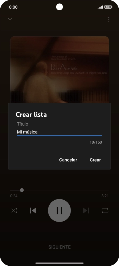 Introduce el nombre deseado de la lista de reproducción y pulsa Crear. Introduce el nombre deseado de la lista de reproducción y pulsa Crear.