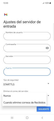 Pulsa Nunca para conservar los correos electrónicos en el servidor cuando los borras del teléfono.