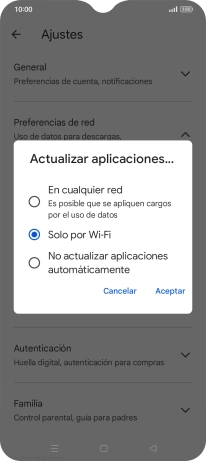 Para activar la actualización automática de apps utilizando la red móvil, pulsa En cualquier red. Para activar la actualización automática de apps utilizando la red móvil, pulsa En cualquier red.