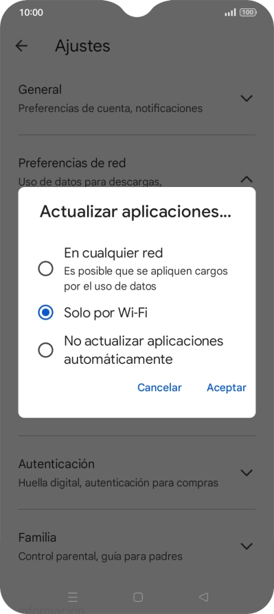 Para activar la actualización automática de apps utilizando la red móvil, pulsa En cualquier red. Para activar la actualización automática de apps utilizando la red móvil, pulsa En cualquier red.