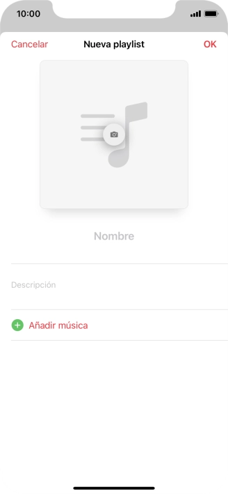 Pulsa en el campo de escritura e introduce el nombre de la lista de reproducción. Pulsa en el campo de escritura e introduce el nombre de la lista de reproducción.