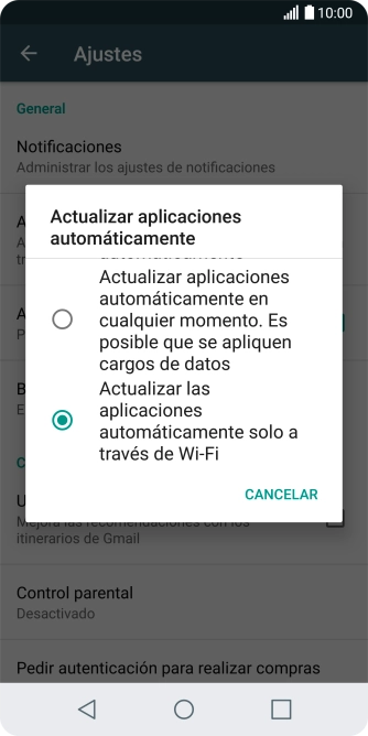Para activar la actualización automática de apps a través de wifi, pulsa Actualizar las aplicaciones automáticamente solo a través de Wi-Fi. Para activar la actualización automática de apps a través de wifi, pulsa Actualizar las aplicaciones automáticamente solo a través de Wi-Fi.