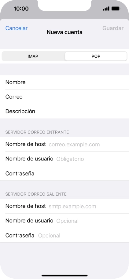 Pulsa Nombre de host e introduce el nombre del servidor de correo de entrada de tu proveedor de correo electrónico. Pulsa Nombre de host e introduce el nombre del servidor de correo de entrada de tu proveedor de correo electrónico.