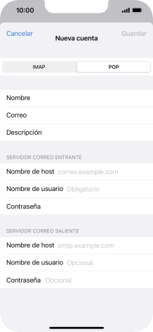 Pulsa Nombre de host e introduce el nombre del servidor de correo de entrada de tu proveedor de correo electrónico. Pulsa Nombre de host e introduce el nombre del servidor de correo de entrada de tu proveedor de correo electrónico.