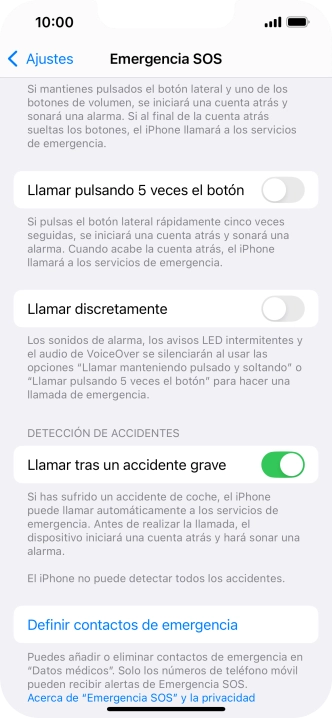 Pulsa Definir contactos de emergencia y sigue las indicaciones de la pantalla para insertar la información y tus contactos de emergencia. Pulsa Definir contactos de emergencia y sigue las indicaciones de la pantalla para insertar la información y tus contactos de emergencia.