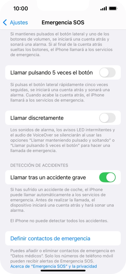 Pulsa Definir contactos de emergencia y sigue las indicaciones de la pantalla para insertar la información y tus contactos de emergencia. Pulsa Definir contactos de emergencia y sigue las indicaciones de la pantalla para insertar la información y tus contactos de emergencia.