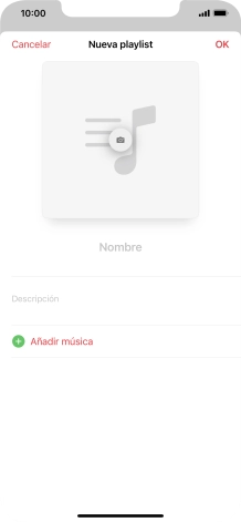 Pulsa en el campo de escritura e introduce el nombre de la lista de reproducción. Pulsa en el campo de escritura e introduce el nombre de la lista de reproducción.
