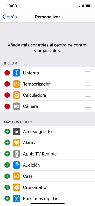 Pulsa el icono de eliminar junto a la función deseada para eliminarla del Centro de control. Pulsa el icono de eliminar junto a la función deseada para eliminarla del Centro de control.