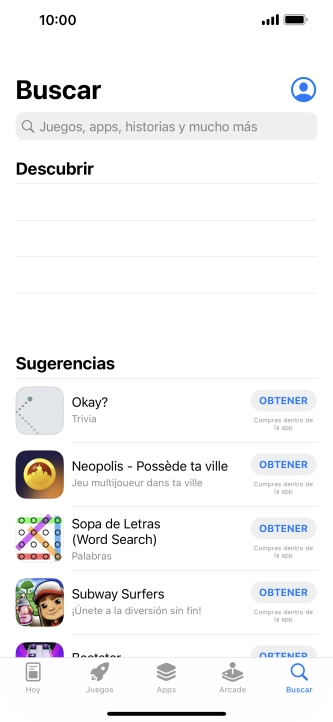 Pulsa en el campo de búsqueda e introduce el nombre o el tema de la app deseada. Pulsa en el campo de búsqueda e introduce el nombre o el tema de la app deseada.