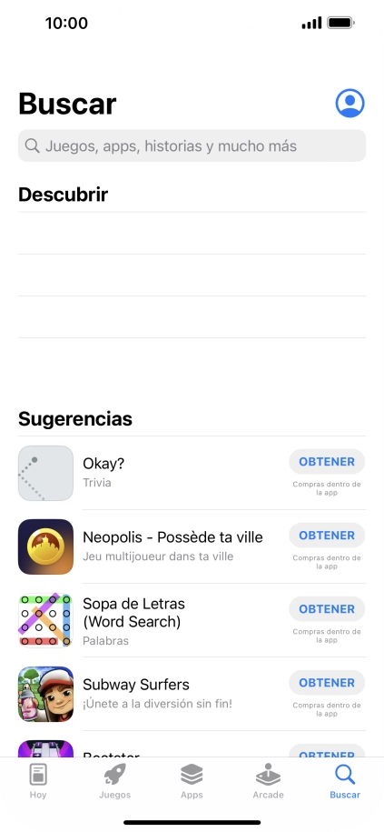 Pulsa en el campo de búsqueda e introduce el nombre o el tema de la app deseada. Pulsa en el campo de búsqueda e introduce el nombre o el tema de la app deseada.