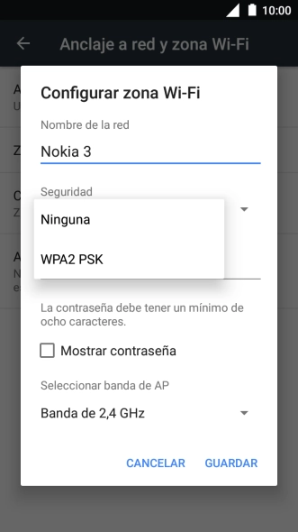 Pulsa WPA2 PSK para proteger la conexión wifi con una contraseña.