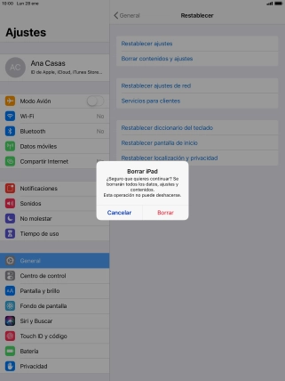 Pulsa Borrar. Espera unos instantes mientras la tablet restablece la configuración predeterminada. Sigue las indicaciones de la pantalla para configurar la tablet y dejarla lista para su uso. Pulsa Borrar. Espera unos instantes mientras la tablet restablece la configuración predeterminada. Sigue las indicaciones de la pantalla para configurar la tablet y dejarla lista para su uso.