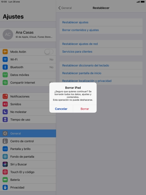 Pulsa Borrar. Espera unos instantes mientras la tablet restablece la configuración predeterminada. Sigue las indicaciones de la pantalla para configurar la tablet y dejarla lista para su uso. Pulsa Borrar. Espera unos instantes mientras la tablet restablece la configuración predeterminada. Sigue las indicaciones de la pantalla para configurar la tablet y dejarla lista para su uso.