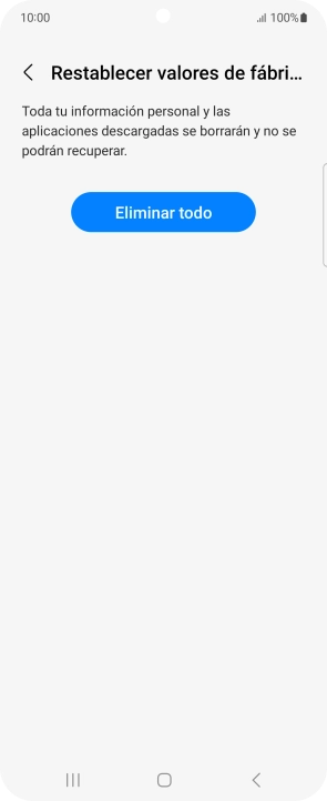 Pulsa Eliminar todo. Espera unos instantes mientras el teléfono restablece la configuración predeterminada. Sigue las indicaciones de la pantalla para configurar el teléfono y dejarlo listo para su uso. Pulsa Eliminar todo. Espera unos instantes mientras el teléfono restablece la configuración predeterminada. Sigue las indicaciones de la pantalla para configurar el teléfono y dejarlo listo para su uso.