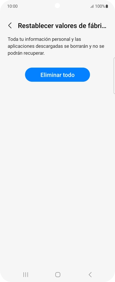 Pulsa Eliminar todo. Espera unos instantes mientras el teléfono restablece la configuración predeterminada. Sigue las indicaciones de la pantalla para configurar el teléfono y dejarlo listo para su uso. Pulsa Eliminar todo. Espera unos instantes mientras el teléfono restablece la configuración predeterminada. Sigue las indicaciones de la pantalla para configurar el teléfono y dejarlo listo para su uso.
