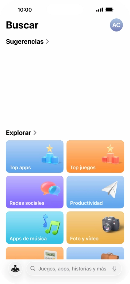Pulsa en el campo de búsqueda e introduce el nombre o el tema de la app deseada. Pulsa en el campo de búsqueda e introduce el nombre o el tema de la app deseada.