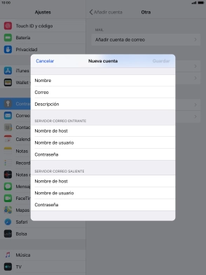Pulsa Nombre de host e introduce el nombre del servidor de correo de entrada de tu proveedor de correo electrónico. Pulsa Nombre de host e introduce el nombre del servidor de correo de entrada de tu proveedor de correo electrónico.