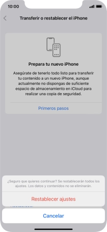 Pulsa Restablecer ajustes. Espera unos instantes mientras el teléfono restablece la configuración predeterminada. Sigue las indicaciones de la pantalla para configurar el teléfono y dejarlo listo para su uso. Pulsa Restablecer ajustes. Espera unos instantes mientras el teléfono restablece la configuración predeterminada. Sigue las indicaciones de la pantalla para configurar el teléfono y dejarlo listo para su uso.