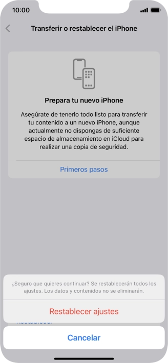 Pulsa Restablecer ajustes. Espera unos instantes mientras el teléfono restablece la configuración predeterminada. Sigue las indicaciones de la pantalla para configurar el teléfono y dejarlo listo para su uso. Pulsa Restablecer ajustes. Espera unos instantes mientras el teléfono restablece la configuración predeterminada. Sigue las indicaciones de la pantalla para configurar el teléfono y dejarlo listo para su uso.