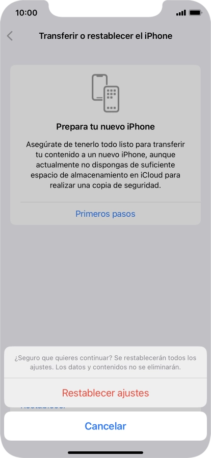 Pulsa Restablecer ajustes. Espera unos instantes mientras el teléfono restablece la configuración predeterminada. Sigue las indicaciones de la pantalla para configurar el teléfono y dejarlo listo para su uso. Pulsa Restablecer ajustes. Espera unos instantes mientras el teléfono restablece la configuración predeterminada. Sigue las indicaciones de la pantalla para configurar el teléfono y dejarlo listo para su uso.