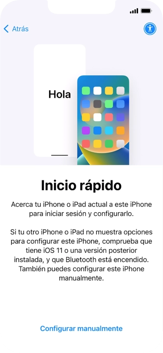 Sigue las indicaciones de la pantalla para transferir contenido de otro dispositivo iOS11 o con una versión más reciente o pulsa Configurar manualmente. Sigue las indicaciones de la pantalla para transferir contenido de otro dispositivo iOS11 o con una versión más reciente o pulsa Configurar manualmente.