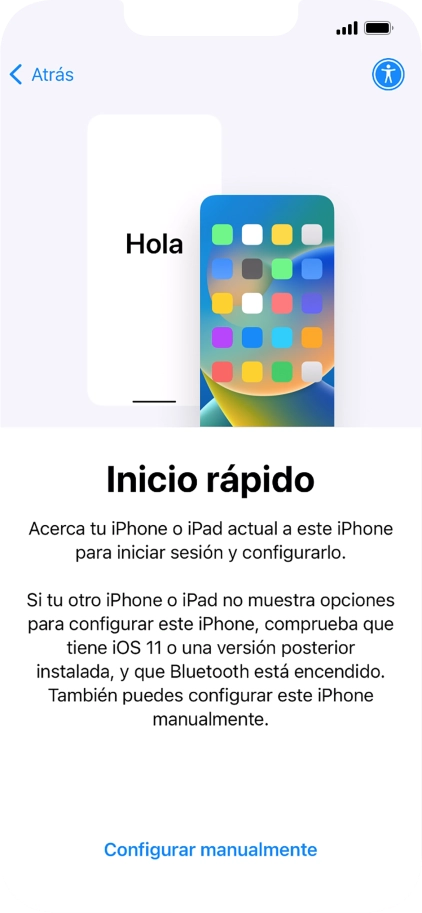 Sigue las indicaciones de la pantalla para transferir contenido de otro dispositivo iOS11 o con una versión más reciente o pulsa Configurar manualmente. Sigue las indicaciones de la pantalla para transferir contenido de otro dispositivo iOS11 o con una versión más reciente o pulsa Configurar manualmente.