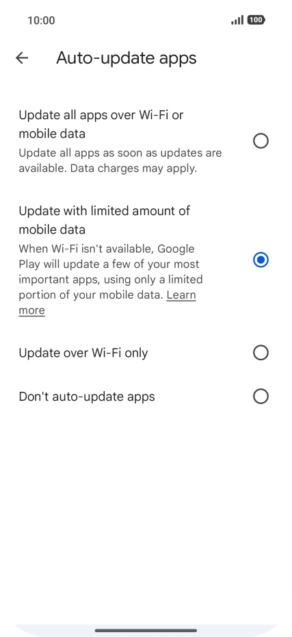 To turn on automatic update of apps using mobile network, press Update all apps over Wi-Fi or mobile data.