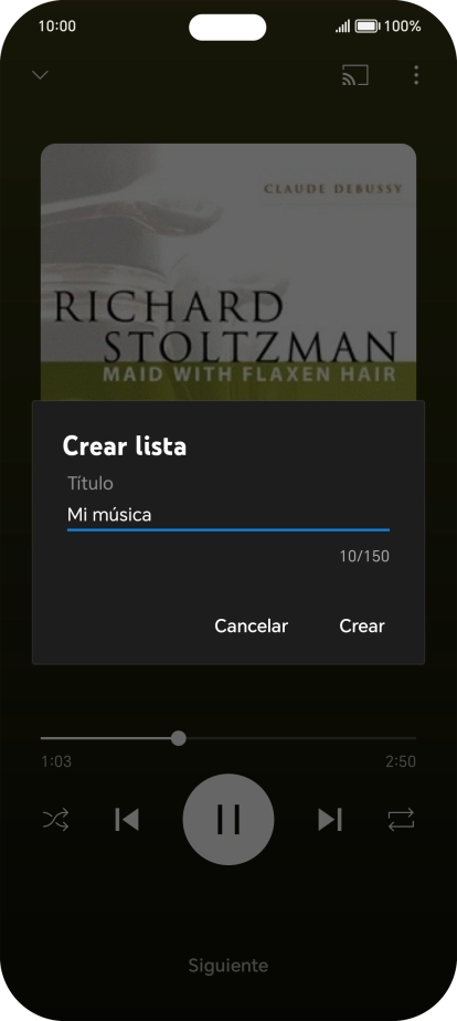 Introduce el nombre deseado de la lista de reproducción y pulsa Crear. Introduce el nombre deseado de la lista de reproducción y pulsa Crear.