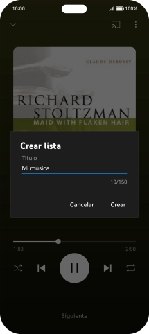 Introduce el nombre deseado de la lista de reproducción y pulsa Crear. Introduce el nombre deseado de la lista de reproducción y pulsa Crear.