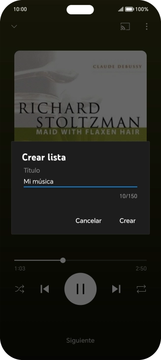 Introduce el nombre deseado de la lista de reproducción y pulsa Crear. Introduce el nombre deseado de la lista de reproducción y pulsa Crear.