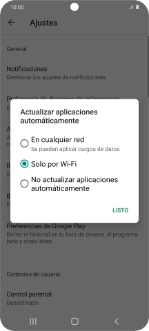 Para activar la actualización automática de apps utilizando la red móvil, pulsa En cualquier red. Para activar la actualización automática de apps utilizando la red móvil, pulsa En cualquier red.