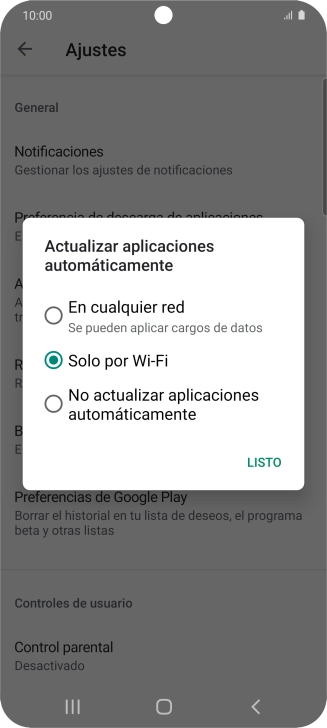 Para activar la actualización automática de apps utilizando la red móvil, pulsa En cualquier red. Para activar la actualización automática de apps utilizando la red móvil, pulsa En cualquier red.