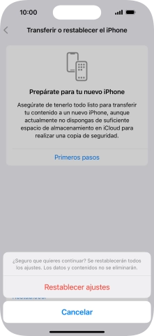 Pulsa Restablecer ajustes. Espera unos instantes mientras el teléfono restablece la configuración predeterminada. Sigue las indicaciones de la pantalla para configurar el teléfono y dejarlo listo para su uso. Pulsa Restablecer ajustes. Espera unos instantes mientras el teléfono restablece la configuración predeterminada. Sigue las indicaciones de la pantalla para configurar el teléfono y dejarlo listo para su uso.