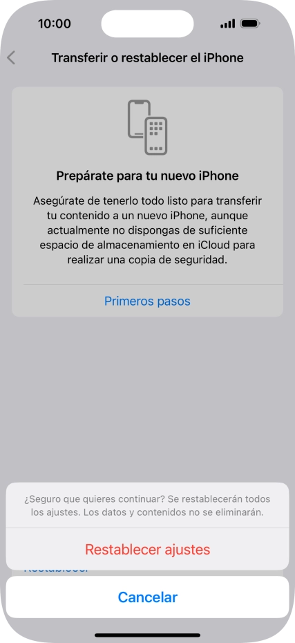 Pulsa Restablecer ajustes. Espera unos instantes mientras el teléfono restablece la configuración predeterminada. Sigue las indicaciones de la pantalla para configurar el teléfono y dejarlo listo para su uso. Pulsa Restablecer ajustes. Espera unos instantes mientras el teléfono restablece la configuración predeterminada. Sigue las indicaciones de la pantalla para configurar el teléfono y dejarlo listo para su uso.
