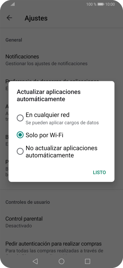 Para activar la actualización automática de apps utilizando la red móvil, pulsa En cualquier red. Para activar la actualización automática de apps utilizando la red móvil, pulsa En cualquier red.