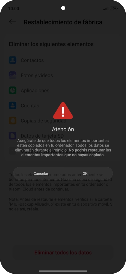 Pulsa OK. Espera unos instantes mientras el teléfono restablece la configuración predeterminada. Sigue las indicaciones de la pantalla para configurar el teléfono y dejarlo listo para su uso. Pulsa OK. Espera unos instantes mientras el teléfono restablece la configuración predeterminada. Sigue las indicaciones de la pantalla para configurar el teléfono y dejarlo listo para su uso.