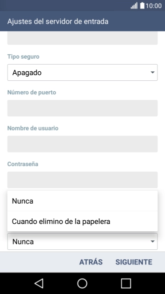 Pulsa Nunca para conservar los correos electrónicos en el servidor cuando los borras del teléfono. Pulsa Nunca para conservar los correos electrónicos en el servidor cuando los borras del teléfono.