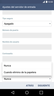 Pulsa Nunca para conservar los correos electrónicos en el servidor cuando los borras del teléfono. Pulsa Nunca para conservar los correos electrónicos en el servidor cuando los borras del teléfono.