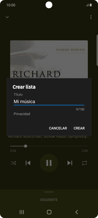 Introduce el nombre deseado de la lista de reproducción y pulsa CREAR. Introduce el nombre deseado de la lista de reproducción y pulsa CREAR.