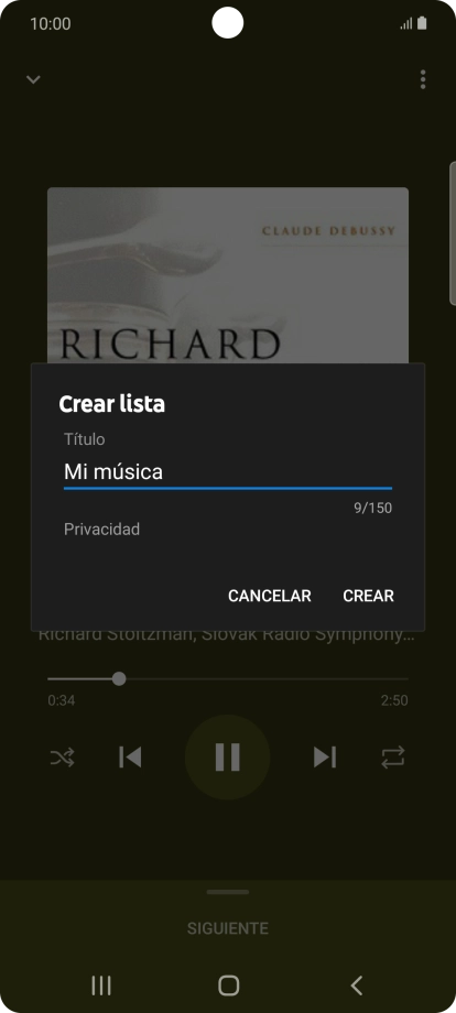 Introduce el nombre deseado de la lista de reproducción y pulsa CREAR. Introduce el nombre deseado de la lista de reproducción y pulsa CREAR.