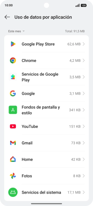 El consumo de datos por cada aplicación aparece bajo el nombre de la aplicación. El consumo de datos por cada aplicación aparece bajo el nombre de la aplicación.