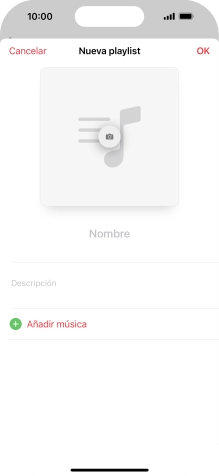 Pulsa en el campo de escritura e introduce el nombre de la lista de reproducción. Pulsa en el campo de escritura e introduce el nombre de la lista de reproducción.