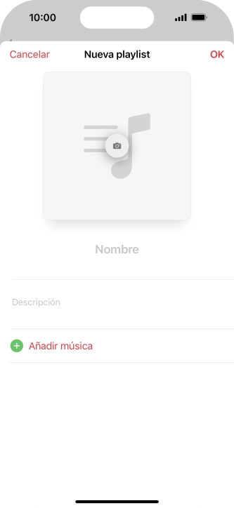 Pulsa en el campo de escritura e introduce el nombre de la lista de reproducción. Pulsa en el campo de escritura e introduce el nombre de la lista de reproducción.