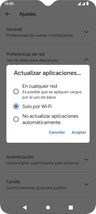 Para activar la actualización automática de apps utilizando la red móvil, pulsa En cualquier red. Para activar la actualización automática de apps utilizando la red móvil, pulsa En cualquier red.