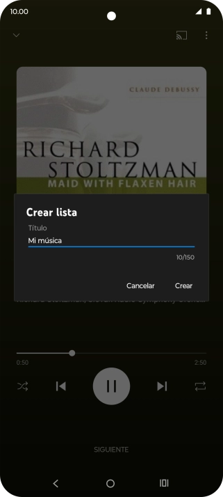 Introduce el nombre deseado de la lista de reproducción y pulsa Crear. Introduce el nombre deseado de la lista de reproducción y pulsa Crear.