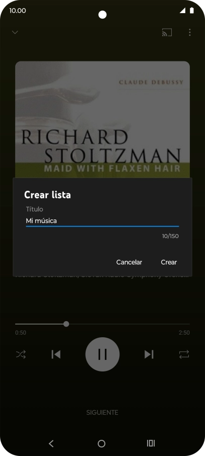 Introduce el nombre deseado de la lista de reproducción y pulsa Crear. Introduce el nombre deseado de la lista de reproducción y pulsa Crear.