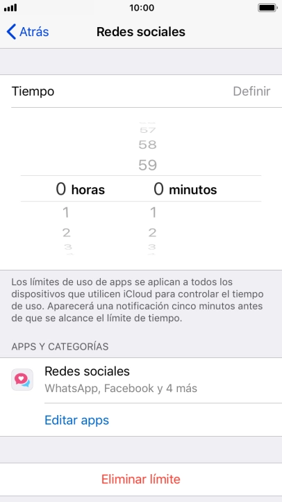 Configura el límite de tiempo deseado para el uso de la categoría seleccionada. Configura el límite de tiempo deseado para el uso de la categoría seleccionada.